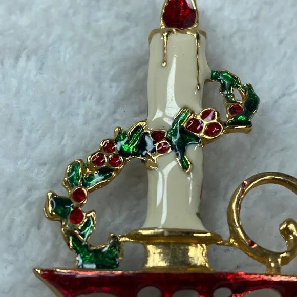 Candle Holder Holly Garland Christmas Pin Brooch Holiday Wear - Picture 4 of 10